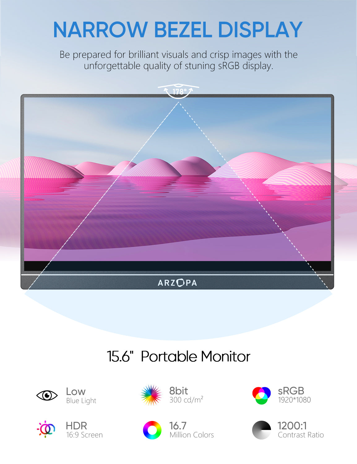 ARZOPA-Monitor portátil de 16,1 pulgadas, 100% sRGB, 1080P, HDR