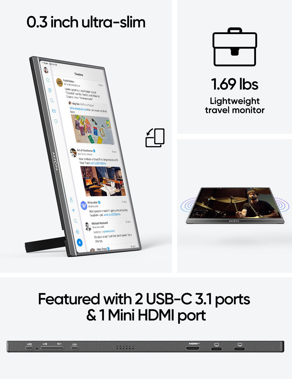 Arzopa Portable Monitor 17.3, 1080P FHD HDR IPS Laptop Computer Monitor  HDMI